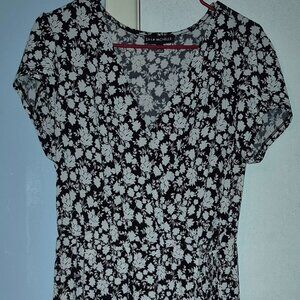 Sara Michelle Floral Below the Knee Boho Casual Flowy Dress V-Neck Women's L EC